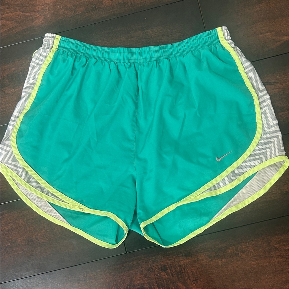 Nike Women's Green Athletic Running Shorts with Yellow Trim
